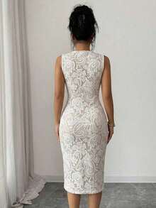 Vestido midi elegante sin mangas con estampado de encaje 3D, cuello superpuesto, cinturón en la cintura, uso diario casual, vestido de encaje elegante en color albaricoque - Albaricoque - Ver 2