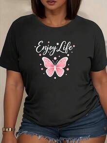 Funny Enjoy Life Printed Butterfly Short Sleeve T-Shirt, Daily Casual Wear, Soft Breathable Polyester Fabric, Medium Stretch, Machine Washable, Women's Apparel, Crew Neck Top, Versatile Daily Blouse,For Summer - 黑色 - 查看 7