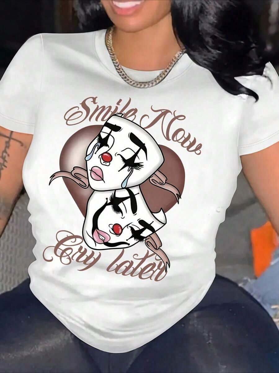 Women's Blouses, Women's T-Shirts, Casual Blouses For Ladies. Clown Mask Print T-Shirt, Short Sleeve, Round Neck, Casual Summer And Spring Clothing For Women, 100% Cotton, 220g Thick Cotton 06A7 - 白色的 - 查看 1