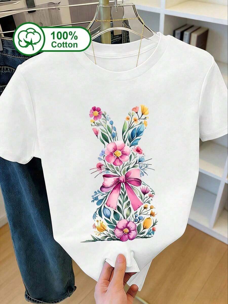 Women's Short-Sleeved T-Shirt, 100% Cotton, With A Floral Rabbit Print, Ideal For Holidays And Leisure, Summer Wear, Women's Top, Printed Design, Easter White. 100% Cotton. - 白色 - 查看 1