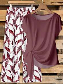 Clasi Conjunto de 2 piezas de blusa con moño elegante y minimalista en color rosa, combinada con pantalones de pierna ancha con estampado floral, adecuado para el verano - Multicolor 3 - Ver 1