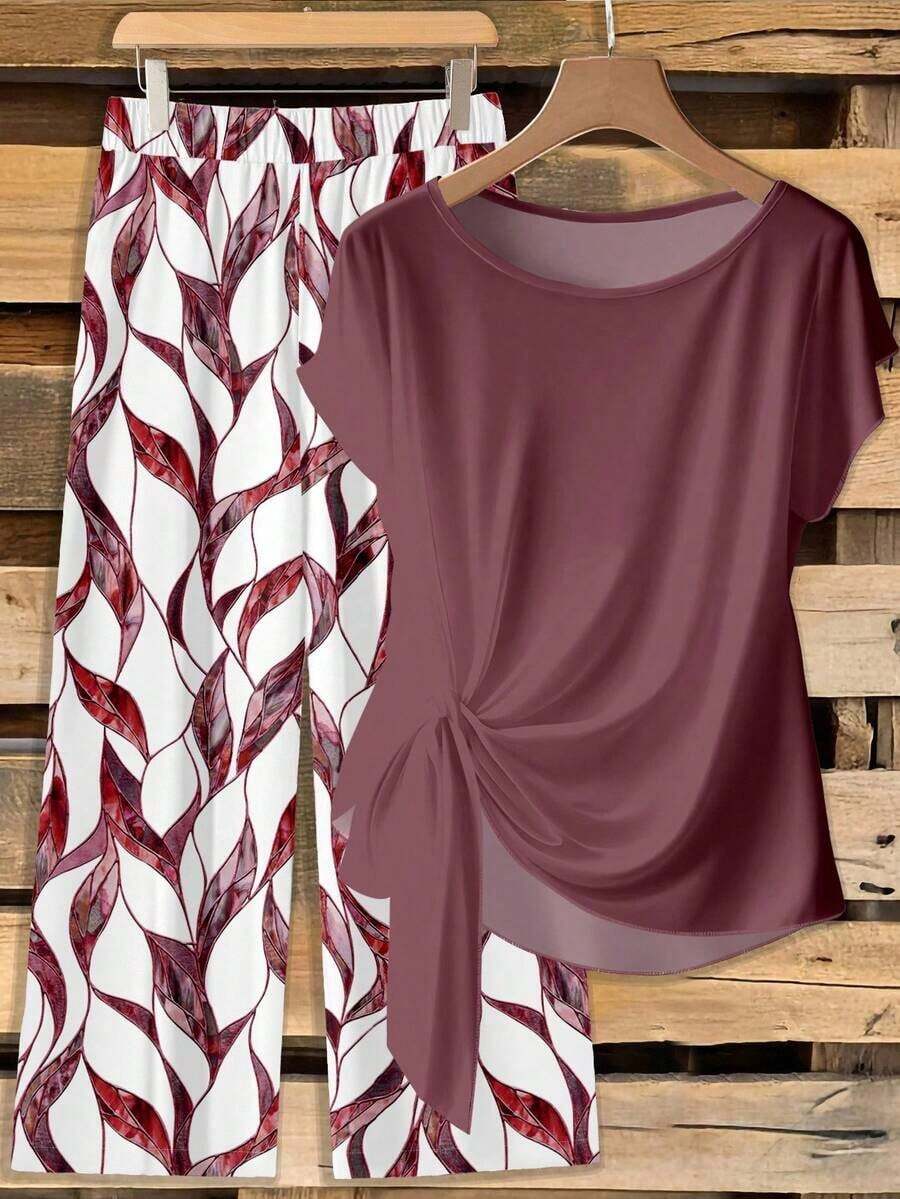 Clasi Conjunto de 2 piezas de blusa con moño elegante y minimalista en color rosa, combinada con pantalones de pierna ancha con estampado floral, adecuado para el verano - Multicolor 3 - Ver 1
