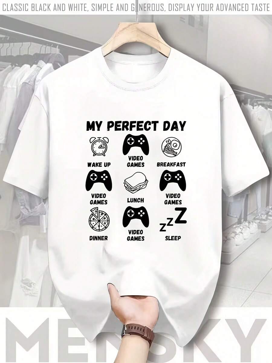 Camiseta Casual de Gaming con Diseño "Mi Día Perfecto" - Iconos de Videojuegos y Comida, Manga Corta Transpirable para Verano, Camiseta de Gaming para Uso Casual - Blanco - Ver 1
