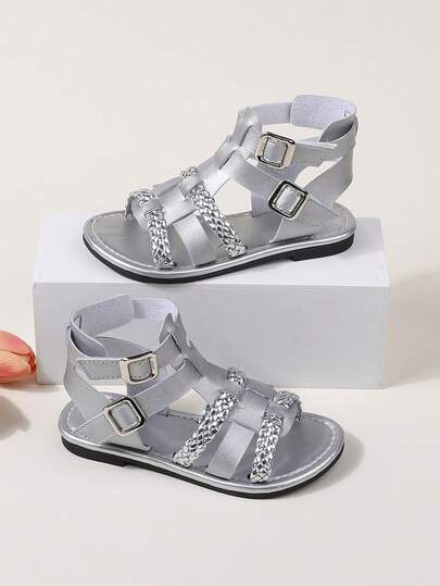 Giày sandal chiến binh dệt màu bạc thời trang cho bé gái, kiểu dáng thường ngày thoải mái, phù hợp cho hoạt động ngoài trời, mùa hè, đi biển.