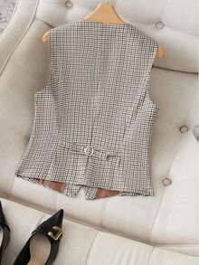 Chaleco casual de mujer con botones frontales y bolsillos, de tela tejida a cuadros, para primavera, otoño y verano - Café integral - Ver 2