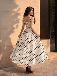 Vestido casual y elegante de mujer con cuello cuadrado sin mangas, a lunares en blanco y negro, silueta ajustada, adecuado para el trabajo o citas, falda larga en línea A, apropiado para verano y primavera, vestido elegante para fiestas, ropa exterior, vestido de vacaciones, vestido a lunares - Blanco y Negro - Ver 2