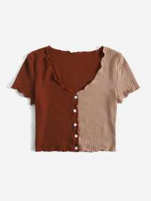 Camiseta casual de mujer con botones, mangas cortas y volantes de color contrastante - Marrón - Ver 5