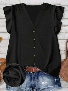 Camisa casual de vacaciones para mujer, diseño minimalista adecuado para el verano, blusa con estampado floral diminuto, camisa de verano para mujer, conjunto de vacaciones para mujer - Negro 2 - Ver 1