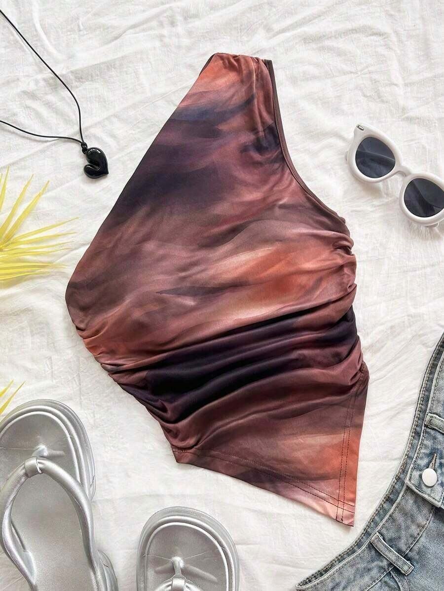 Blusa de mujer con estampado floral sexy, bajo asimétrico y hombros fruncidos, adecuada para vacaciones en la playa - Multicolor 2 - Ver 1