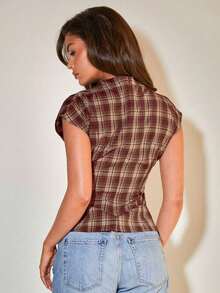 Blusa plisada con cuello para mujer, elegante para la oficina, artículo de moda versátil, adecuado para el trabajo, salidas casuales, fiestas, con estampado de cuadros marrones - Burdeos - Ver 2