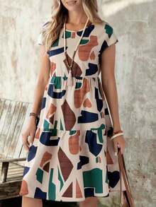Vestido de mujer de manga corta con cuello redondo y estampado geométrico de verano - Multicolor 2 - Ver 1