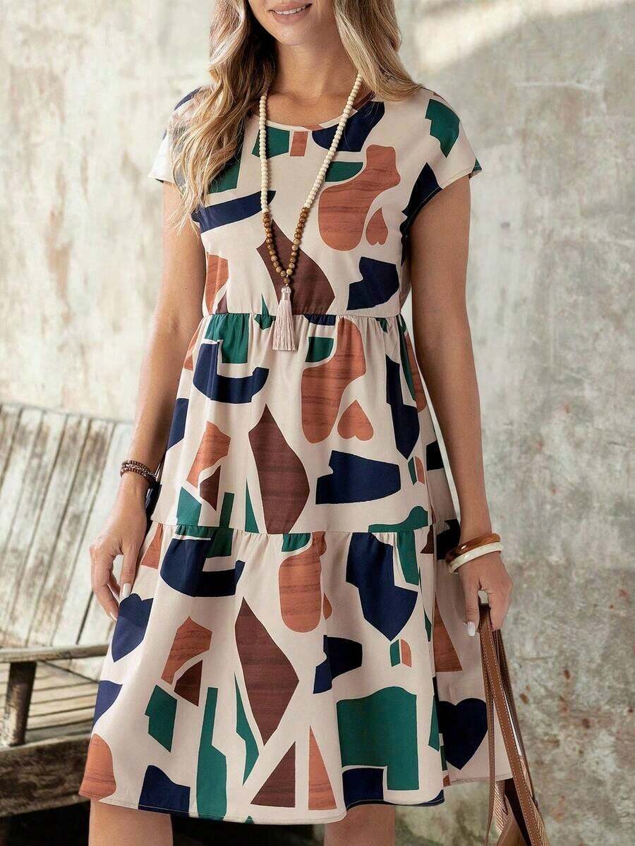 Vestido de mujer de manga corta con cuello redondo y estampado geométrico de verano - Multicolor 2 - Ver 1