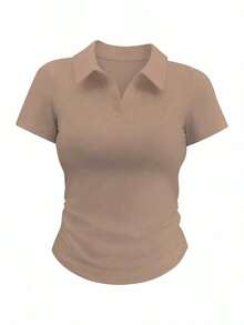 Camiseta de manga corta minimalista de unicolor para mujer, uso casual de todos los días - Marrón - Ver 1