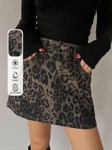Falda vaquera casual con botones delanteros y bolsillos con estampado de leopardo - Marrón 6 - Ver 9
