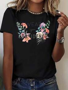 Camiseta Casual de Manga Corta para Mujer con Estampado Floral, Camiseta Gráfica "Wear Your Confidence", Ropa de Uso Diario, Atuendo de Verano - Camiseta de Verano - Negro - Ver 7