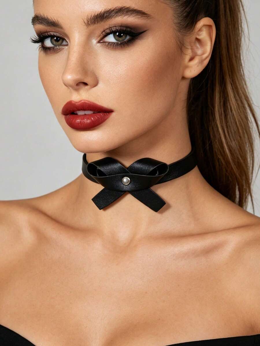 1 PC Cute & Edgy PU Leather Bow Choker For Women - Punk Style Adjustable Necklace With Metal Rivet, Perfect For Daily Wear, Music Festivals & Parties, Gothic Choker Accessory - Neck Ornament - View 1
