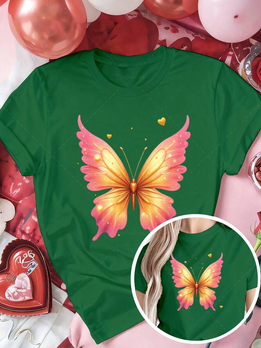 Ropa clásica de talla grande para mujer, camiseta con estampado de alas de mariposa en rosa y dorado - Linda camiseta de manga corta con cuello redondo para el Día de San Valentín, camisa casual para verano y otoño, regalo ideal para mujeres en Navidad y Año Nuevo (lavable a máquina) Más vendido - Verde - Ver 1