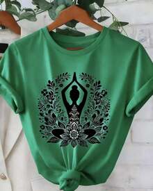 |   100% Algodón Puro y Transpirable | 1pc Camiseta de Manga Corta para Mujeres con Estampado de Mandala de Loto - Diseño Bohemio, Ajuste Cómodo y Transpirable, Cuello Redondo, Top Casual de Yoga, Lavable a Máquina, Ropa para Todas las Estaciones, Top Unisex para Verano-Vintage Street Style Unisexoose Cotton Short Sleeve Crew Neck T-Shirt - Verde - Ver 6