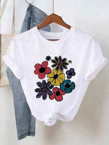 1pcY2K Women's Summer Blouses, Cute And Fun. Retro Contrasting Flowers, Pop Art Style, Childlike Geometric Patterns, Retro Hippie Style With Letter Prints. Women's T-Shirts Suitable For Various Occasions, Such As Festival Gifts, Birthdays, Music Festivals, Mother's Day, Easter, Graduation Season; Comfortable, Casual, And Versatile Clothing For Beach Vacations; Simple And Fashionable, Suitable For Everyday Wear For Women And Girls. 100% Cotton - 白色 - 查看 2