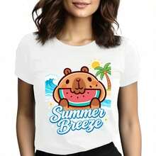 Tops para mujer de algodón blanca de manga corta con cuello redondo para mujer, diseño de capibara y sandía, estilo casual y lindo, corte regular para ropa de verano. - Blanco - Ver 1