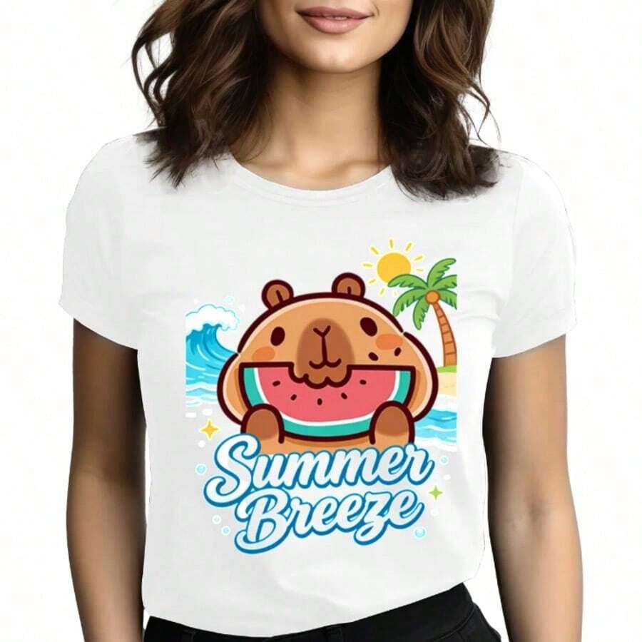 Tops para mujer de algodón blanca de manga corta con cuello redondo para mujer, diseño de capibara y sandía, estilo casual y lindo, corte regular para ropa de verano. - Blanco - Ver 1