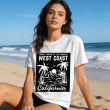 Tops para mujer de algodón de longitud regular, casual y linda para mujer, con diseño de Sunset Beach, Los Ángeles, Oeste de California, cuello redondo y manga corta, para verano. Ropa de verano para mujer, ropa de vacaciones para mujer, tops para mujer, tops y conjuntos de verano, ropa de verano, regalos de cumpleaños, regalos para la Copa Mundial 2026. - Negro - Ver 5