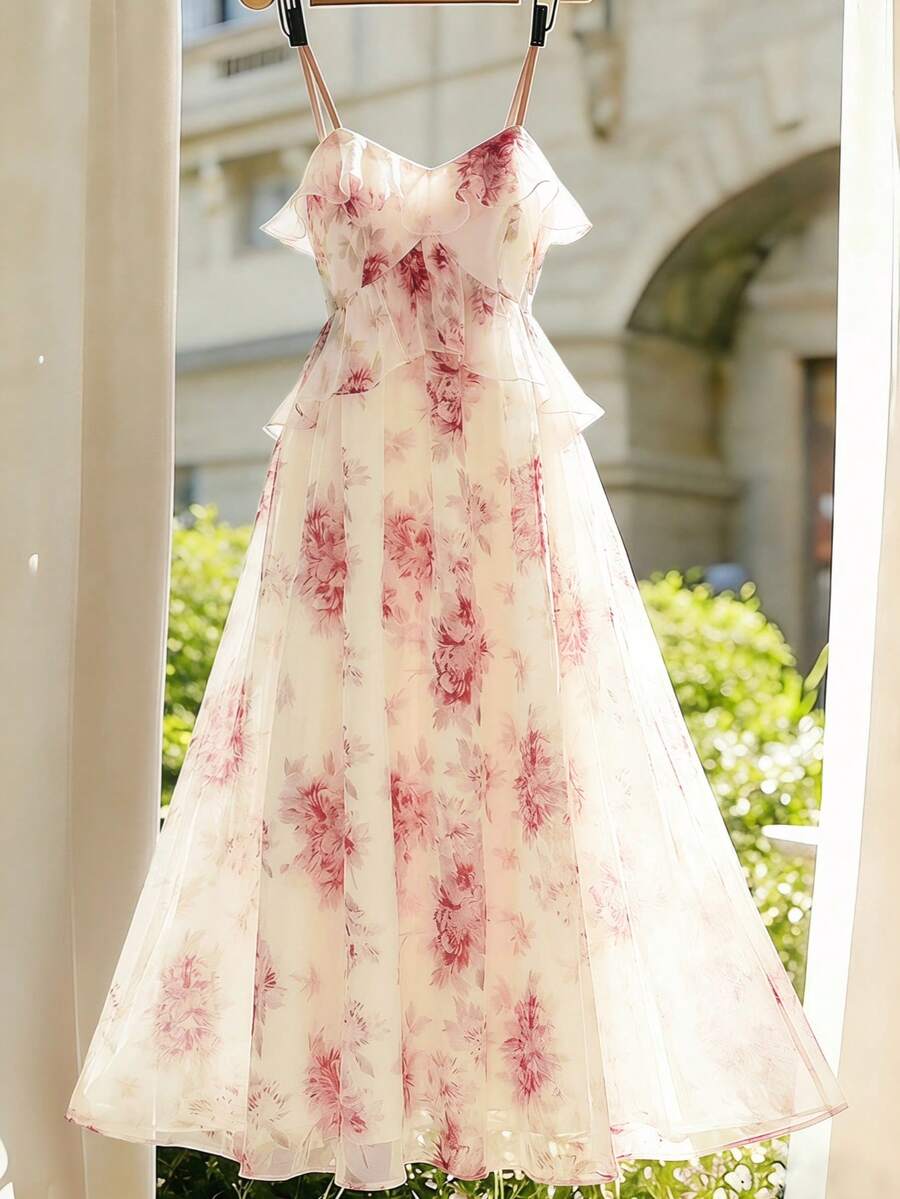 女士优雅浪漫度假风荷叶边碎花网纱吊带裙,夏季 - 粉色 - 查看 1