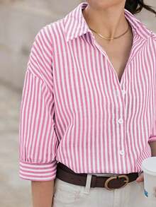 de hombros caídos con estampado de rayas, blusas de verano para vacaciones - Rosa - Ver 6