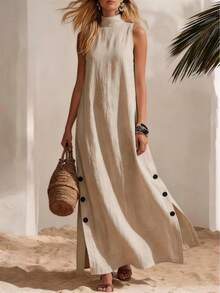 Vestido de Verano 2026 de Nueva Colección para Mujer, Estilo Europeo y Americano, de Lino y Algodón, Color Sólido, Sin Mangas, con Abertura Lateral, de Longitud Media, para Vacaciones en la Playa - Verde militar - Ver 8