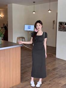 Y6Y 法国蓝女士春夏性感修身中长款方领连衣裙，优雅 - 深灰色 - 查看 6