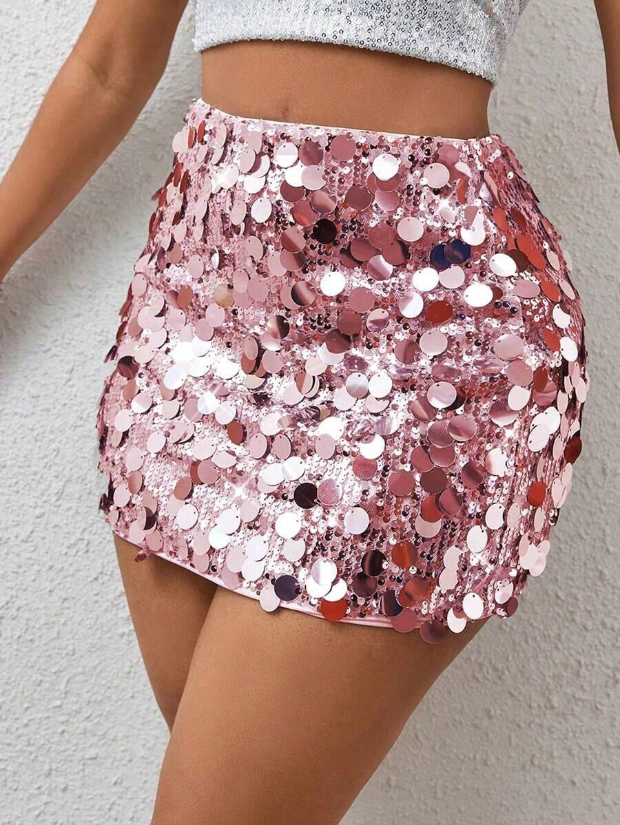Minifalda ajustada con lentejuelas para ropa de fiesta de vacaciones - Rosa - Ver 1