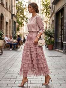 Falda larga de malla con efecto tie-dye estilo retro francés, falda larga de línea A de malla de alta gama, falda de tul con volumen en capas para mujer en color rosa - Rosa - Ver 9