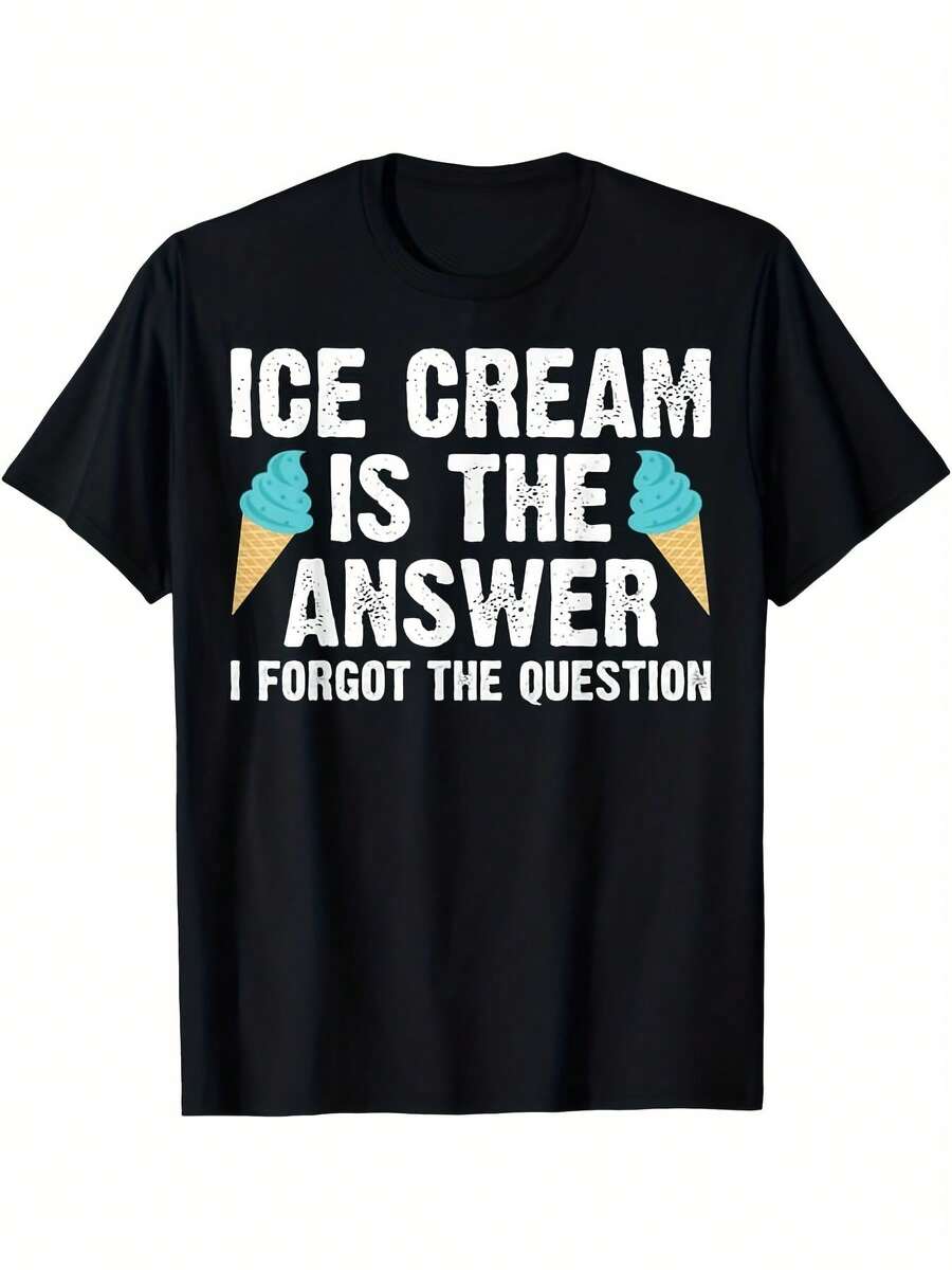Funny Graphic T-Shirt With Ice Cream Cone And Spoon Design - Unisex Sizes S-5XL, Retro Casual Style With Fun Dessert Art, Breathable For Men And Women, Ideal For Year-Round Wear, Workout, Running, Gym And Casual Wear - 黑色 - 查看 1