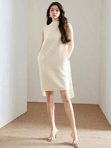 Vestido elegante de oficina con cuello drapeado para mujer - Azul - Ver 11
