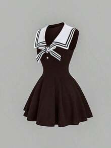 Vestido ajustado de estilo marinero vintage para mujer, elegante y versátil para la escuela, vacaciones, uso casual, azul, primavera/verano - Azul - Ver 10
