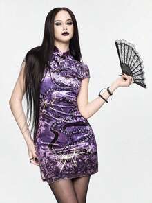 ROMWE Goth Nuevo vestido corto de mujer con abertura lateral, estampado de foil con totem de serpiente y media luna de estilo chino en terciopelo diamante - Multicolor - Ver 8