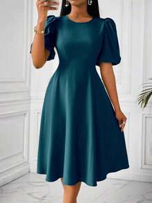 Vestido verde de manga abullonada larga, cuello en V, cintura recogida y bajo acampanado, para primavera y verano - lago azul - Ver 3