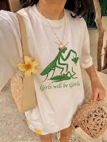 Nueva llegada de verano 2026, 1 pieza, camiseta ligera, delgada, cómoda, de tacto suave, para uso diario, corte regular, estilo streetwear estético, estilo Pinterest, estampado gráfico divertido de Mantis Religiosa y "Las chicas serán chicas", top de verano color crema con un toque de humor. Casual, 100% algodón, talla grande, adecuado para uso diario en la calle y salidas. - Albaricoque - Ver 2