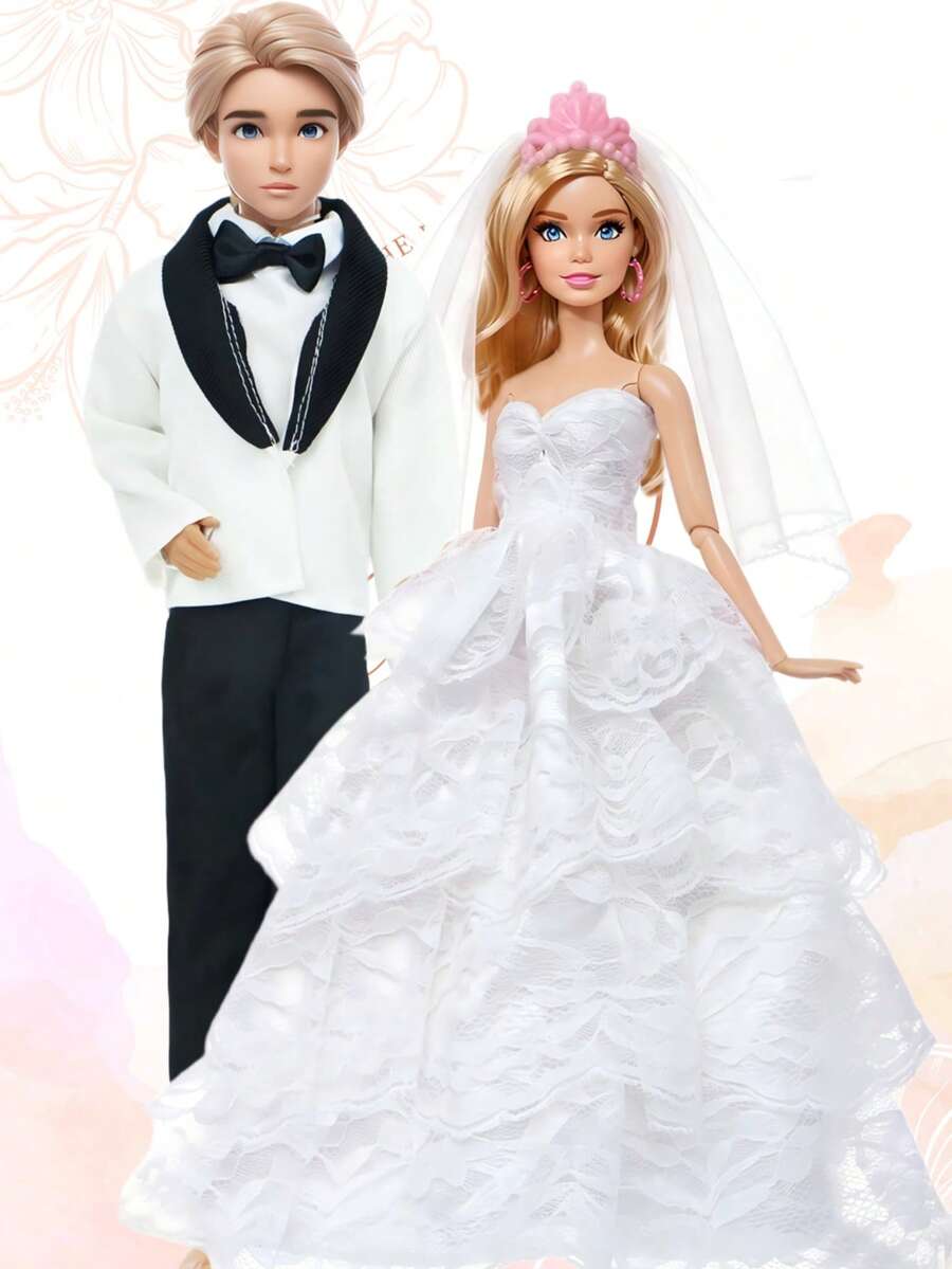 婚纱套装包含:1 件白色婚纱(含头纱和皇冠)、1 套新郎新娘商务正装,适合 11.5 英寸女性娃娃和 12 英寸男性娃娃(不含娃娃)。 - 黑色 - 查看 1