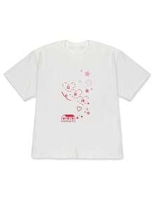 Éxito de 2026: Camiseta de Mujer de Hombros Caídos para Primavera/Verano con Estampado Divertido de Personajes y Estrellas al Estilo Coreano, Corte Holgado, Manga Corta Casual para Estudiantes - Tela Ligera y Suave - blanco - Ver 8