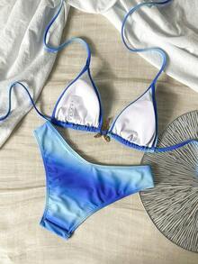 Conjunto de bikini de 2 piezas con tirantes finos, cuello halter, base negra, lunares blancos y estampado aleatorio dulce y lindo con corte alto en los laterales para mujer, primavera/verano 2026 - Multicolor 4 - Ver 6