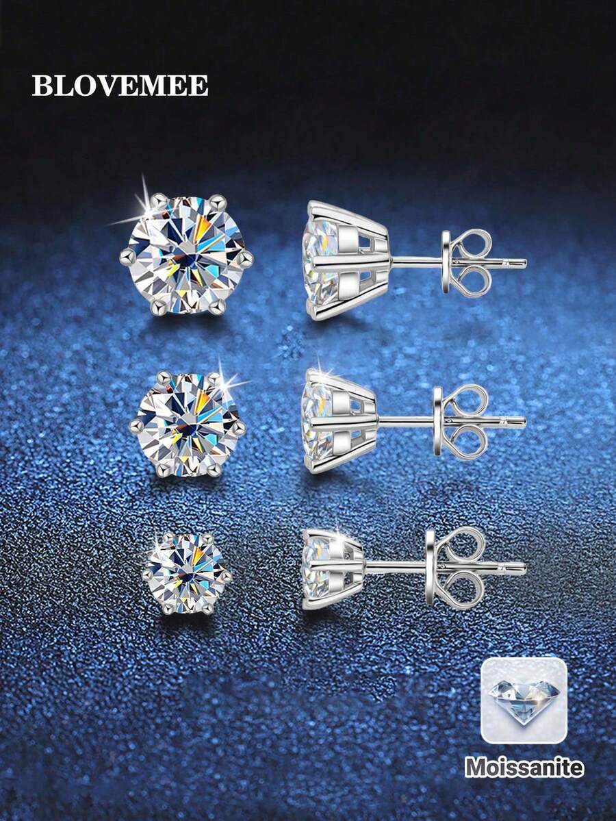 2 chiếc bông tai đinh tán vàng vàng 925 Moissanite bạc tối giản 6 chấu, thích hợp cho trang phục hàng ngày của phụ nữ, tiệc tùng, bãi biển, kỷ niệm ngày cưới, quà tặng trang sức sinh nhật - Bạc - Xem 1