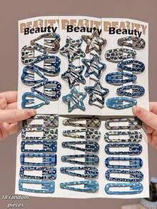 18pcs Random Minimalist Versatile Plaid, Polka Dot, Leopard Print Side Bangs Hair Clips, Suitable For Daily, Washing Face, Vacation, Back To School Occasions - Blue - View 12