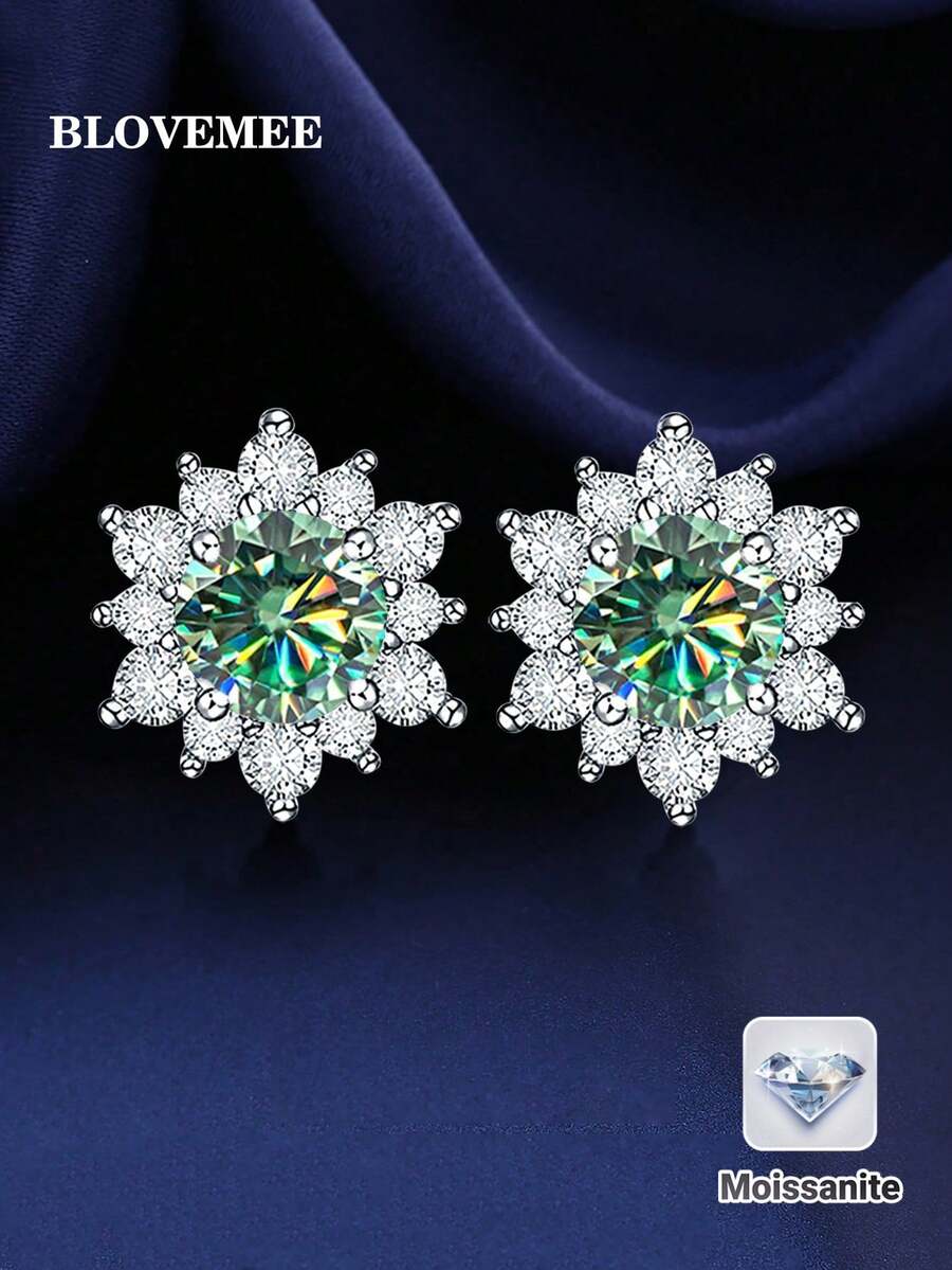 2pcs Sweet And Versatile 925 Silver Single 50 Points Blue-Green Rainbow Moissanite Perfect For Women For Daily Wear, Banquets And Commuting Jewelry Mother's Day Gift Rhinestone Earrings Valentines