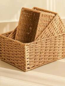 1/3 Pcs Handmade Woven Storage Baskets, Bathroom Storage Baskets, Kitchen Snack Racks, Office Bookshelves, Stationery Medicine Boxes, Toy Baskets, Vanity Cosmetic Storage Baskets - Wood Color - View 2