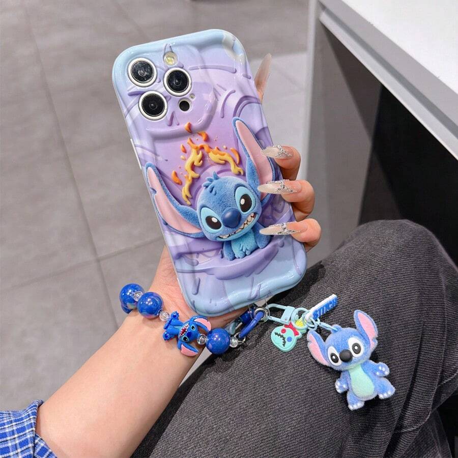 Disney Lilo & Stitch Phone Case With Stitch Charm And Stitch Lanyard - Cute Stitch Protective Case With Fire Accent And Melting Background Design, Equipped With Delicate Stitch Decorative Lanyard And Beaded Bracelet For Easy Carrying, Compatible With IPhone 17, 16, 15, 14, 13, 12, 11 Pro Series, Ideal For Birthdays, Holidays, Anniversaries, Graduation Gifts, Or Any Special Occasion To Surprise Family, Friends, Classmates, And Loved Ones. - 白色 - 查看 1