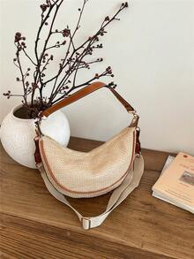 Minimalist Woven Crescent Shoulder Bag, Underarm Bag, Unisex - Brown - View 1