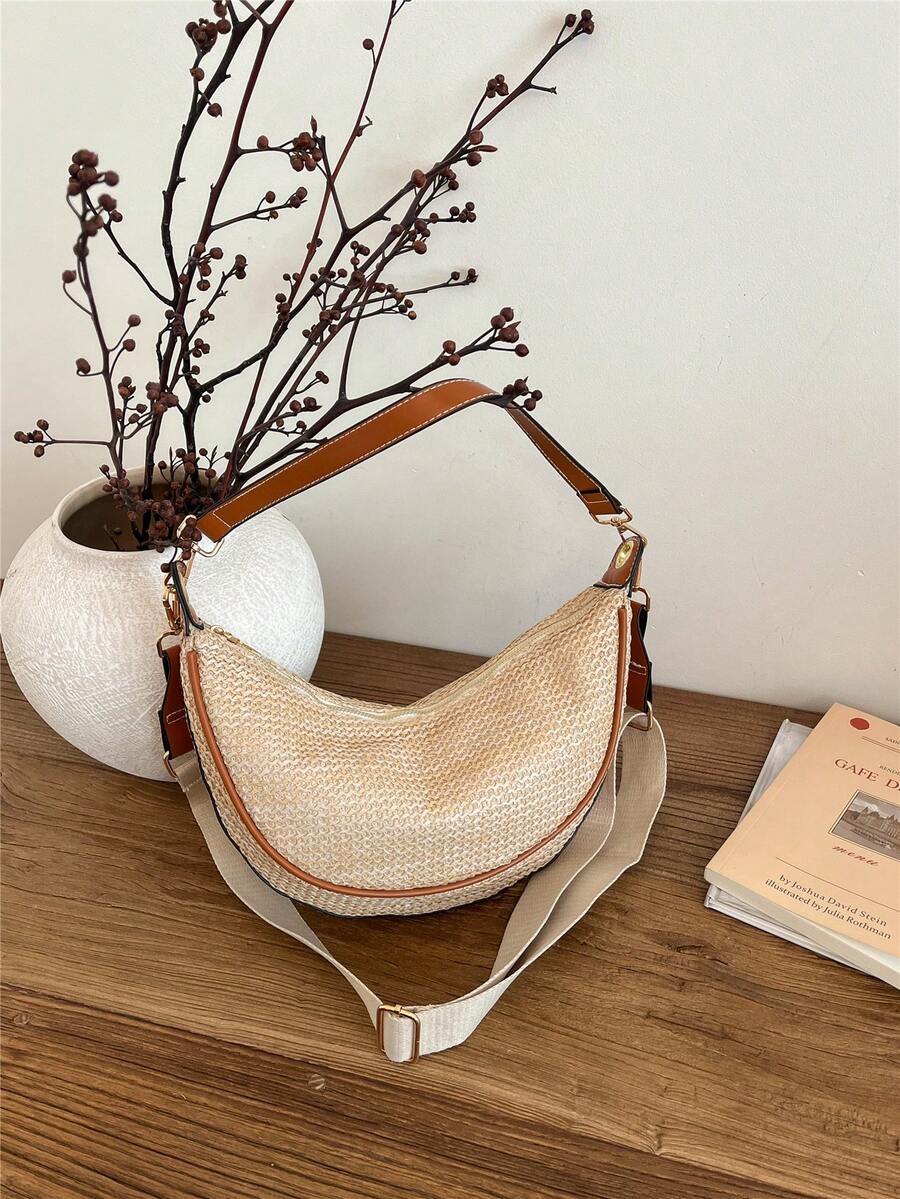 Minimalist Woven Crescent Shoulder Bag, Underarm Bag, Unisex - Brown - View 1