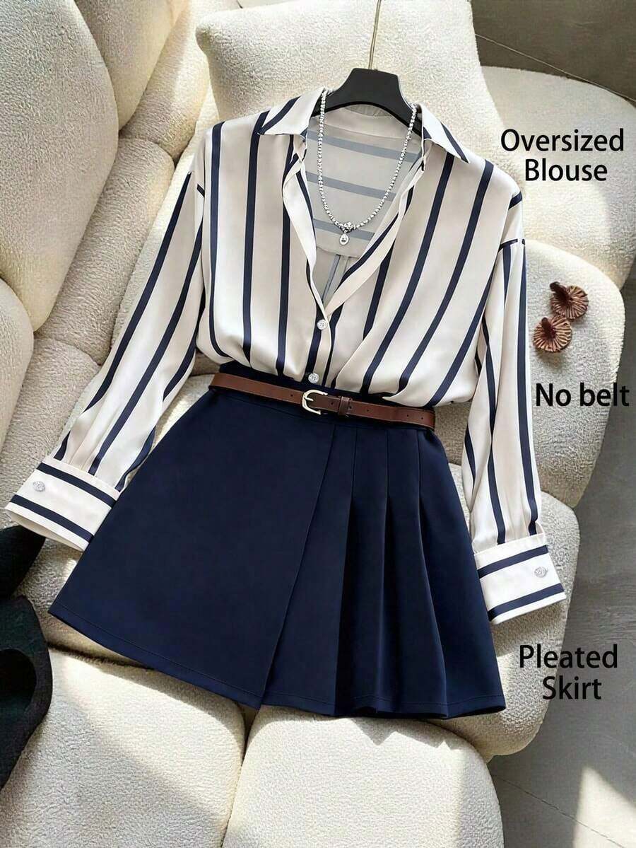 Camisa a rayas y falda pantalón plisada asimétrica, elegante conjunto de 2 piezas para mujer - Azul marino 2 - Ver 1