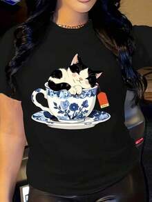 ropa de mujer Camiseta de mujer - Lindo diseño de gato durmiendo en taza de té con estampado floral - Atuendo ligero e informal para el día a día y vacaciones - Corte regular, top - Negro - Ver 6